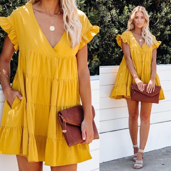 Vici Pants - Vici Collection Dandy Cotton Pocketed Ruffle Romper in Mustard Women’s Small